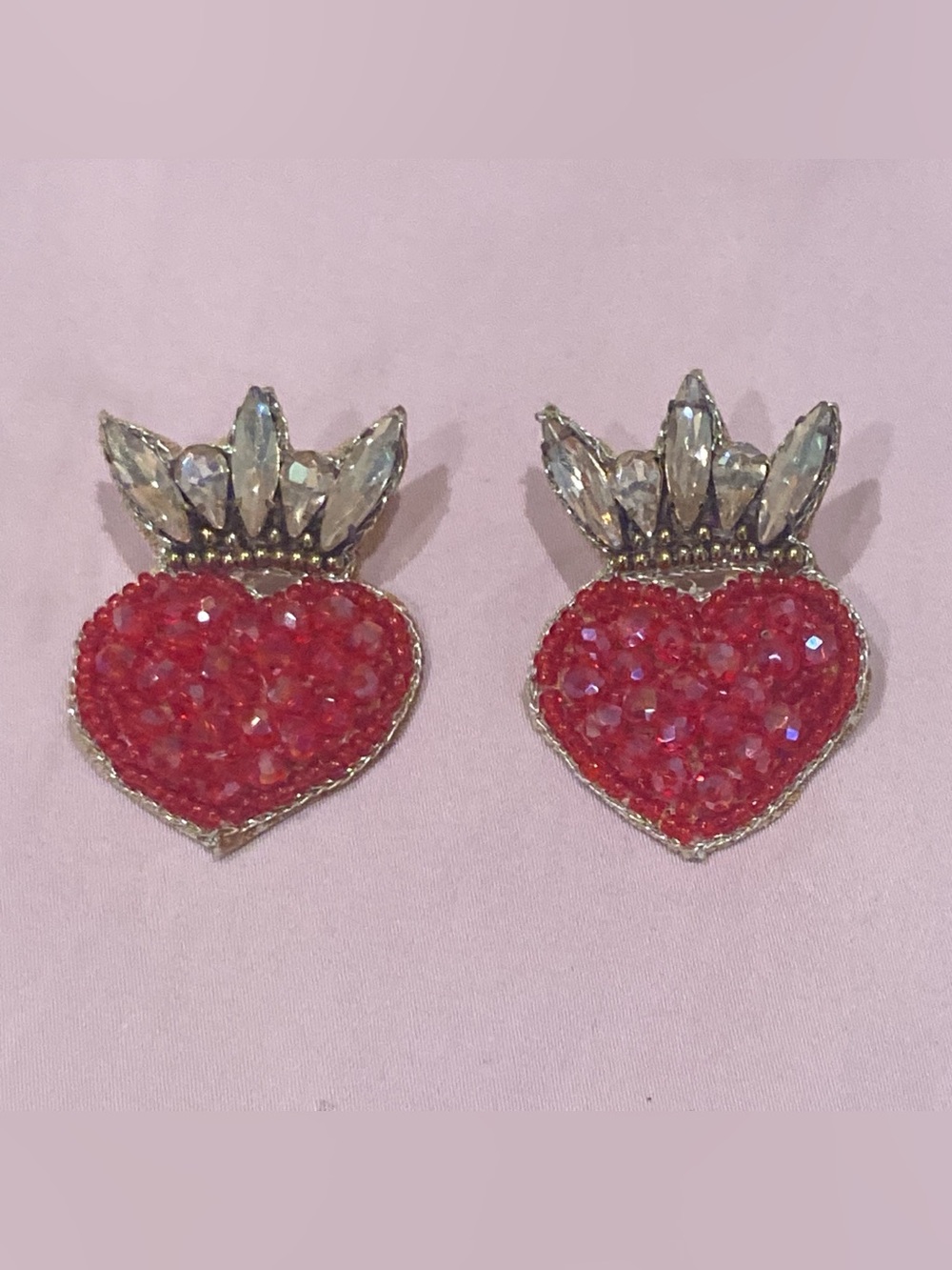 Source Unknown Red Crystal Heart Earrings with Clear Crown Accents